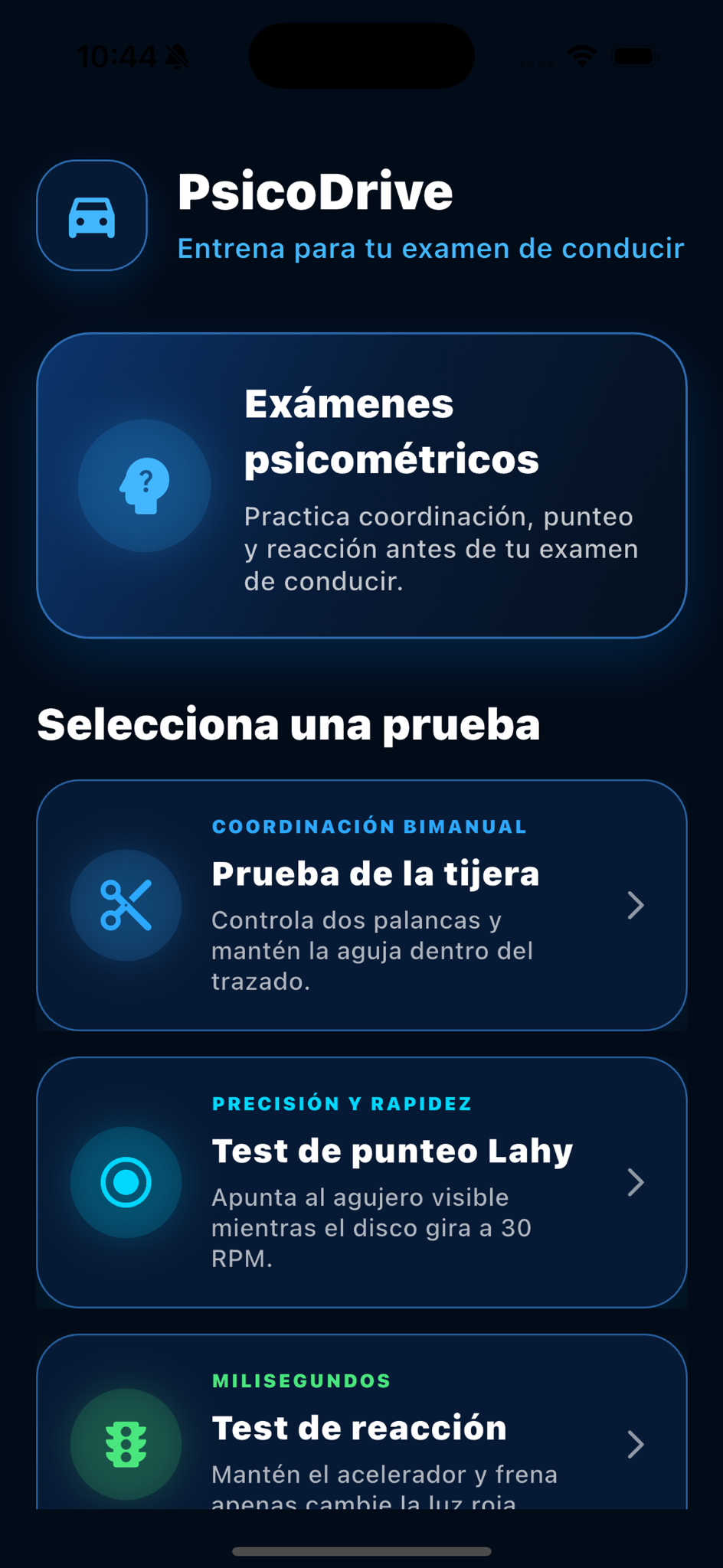 Menú de pruebas